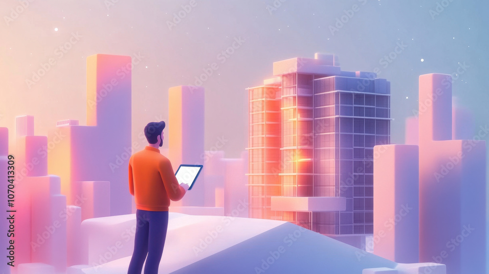 A person stands on a snowy landscape, holding a tablet while facing a futuristic city skyline illuminated in soft pastel colors. A person stands on a snowy landscape, holding a tablet while facing a futuristic city skyline illuminated in soft pastel colors.