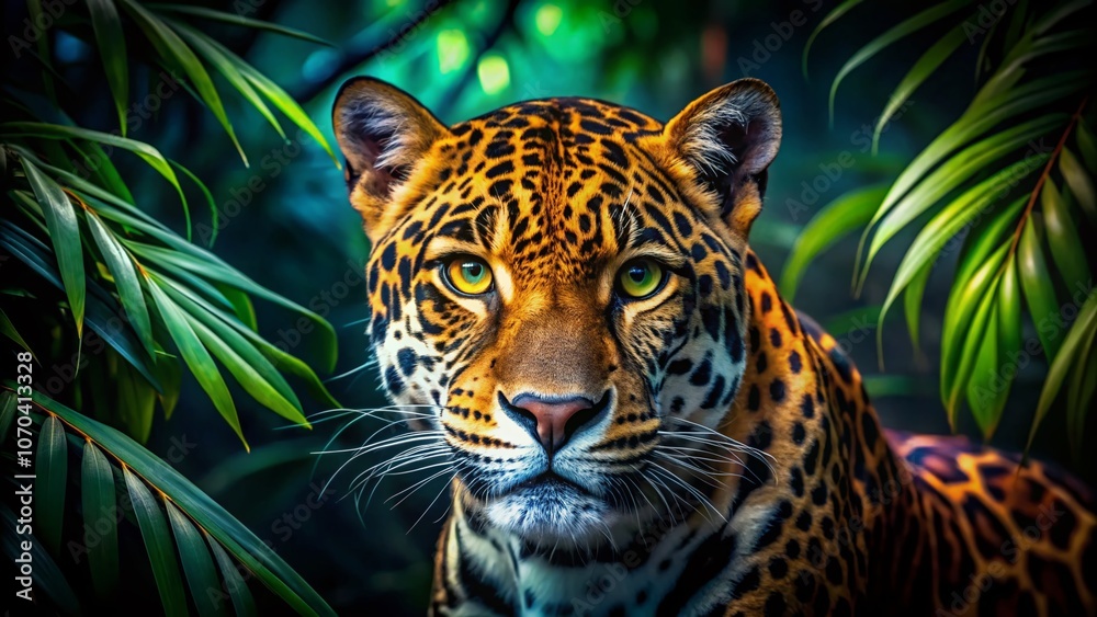 Fototapeta premium A jaguar's emerald eyes gleam in the moonlit jungle.