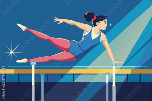 Female gymnast performs daring acrobatic move on parallel bars in blue leotard with red waistband. Spotlight shines on her against blue-black backdrop.