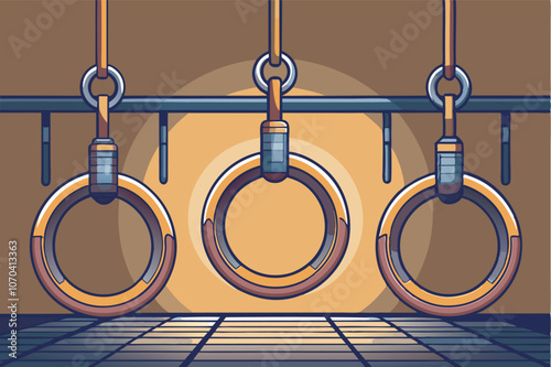 Image shows 3 gymnastic rings on a brown rail against a yellow background with grey tiles. Rings vary in size, shiny and metallic-looking.