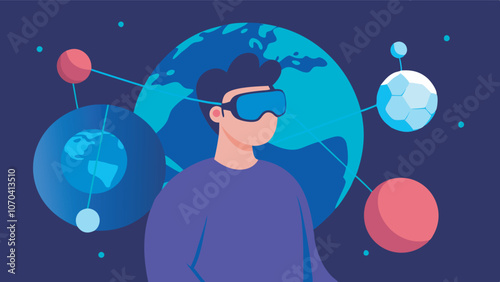 A young person in purple shirt wears VR glasses in a digital space with planets and network symbols, creating an immersive virtual experience.