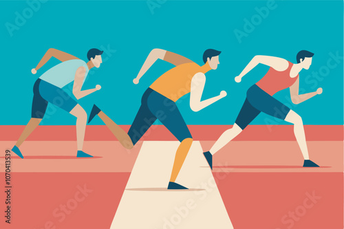 Three men race energetically on a red track, with one leading on the left, followed closely by the middle runner and then the right runner. Dressed in bright athletic gear with lightning motifs