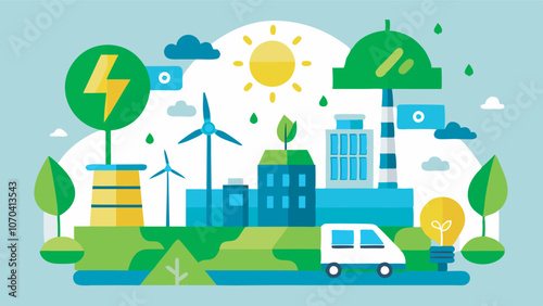 An urban illustration blends green energy with city life, showcasing a lightbulb wheel on a van symbolizing innovation in electric vehicles. Modern buildings, greenery,