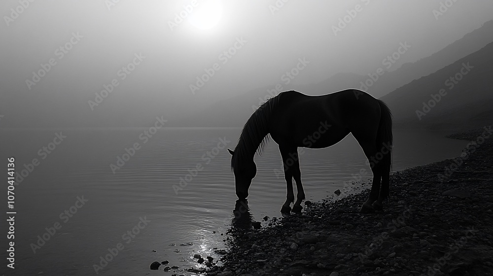Silhouetted horse drinking from a lake at sunrise. Silhouetted horse drinking from a lake at sunrise.
