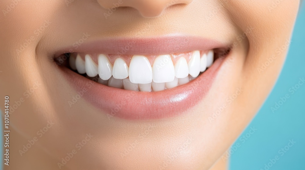 Obraz premium Close-up of a woman’s bright white smile, showcasing healthy teeth, dental care, and oral hygiene in a cheerful expression.
