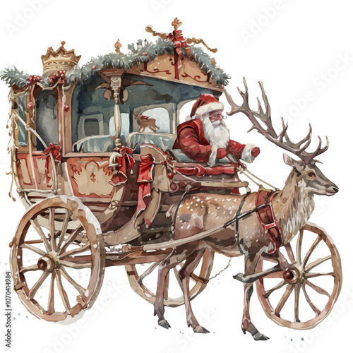 A watercolor of Santa Claus with a deer Christmas carriage, isolated on a white background.