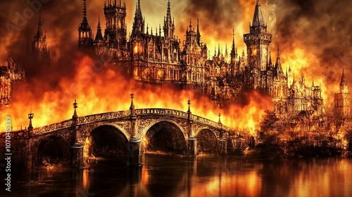 Burning Cityscape with Bridge, fire, flames, inferno, apocalypse, destruction
