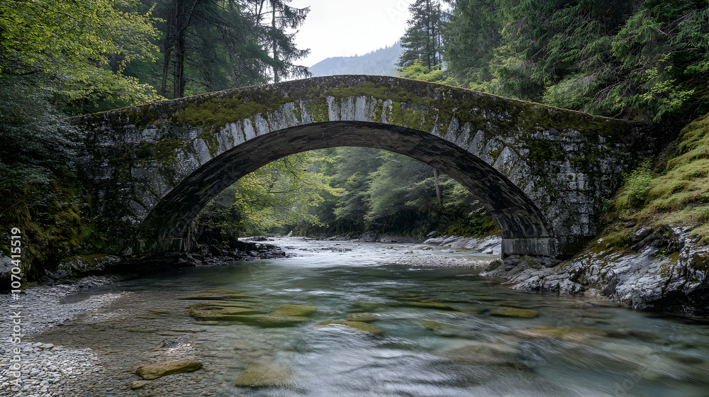 Fototapeta premium Ancient stone arch bridge over a river in a lush forest setting.