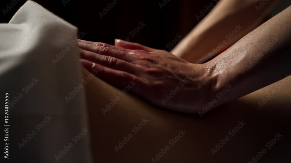 close up in massage parlor on a massage table a girl with a naked back preliminary warming up of the back with oil hands of a massage therapist close up in massage parlor on a massage table a girl with a naked back preliminary warming up of the back with oil hands of a massage therapist