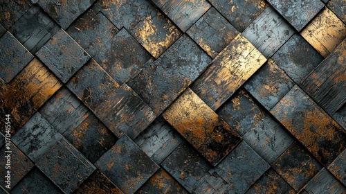 Abstract geometric pattern of metallic panels with a distressed and aged look.