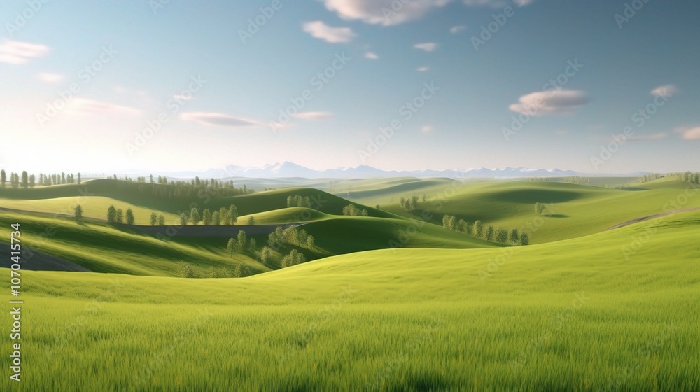 Serene 3D Landscape with Rolling Green Hills Serene 3D Landscape with Rolling Green Hills