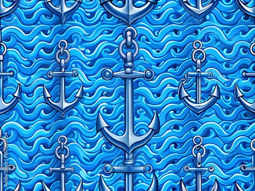 Blue Anchor Seamless Pattern with Boat Chain - AI Photo