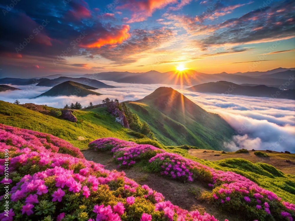 Obraz premium Breathtaking Highland Sunset, Misty Morning Rhododendrons, Wild Nature Postcard