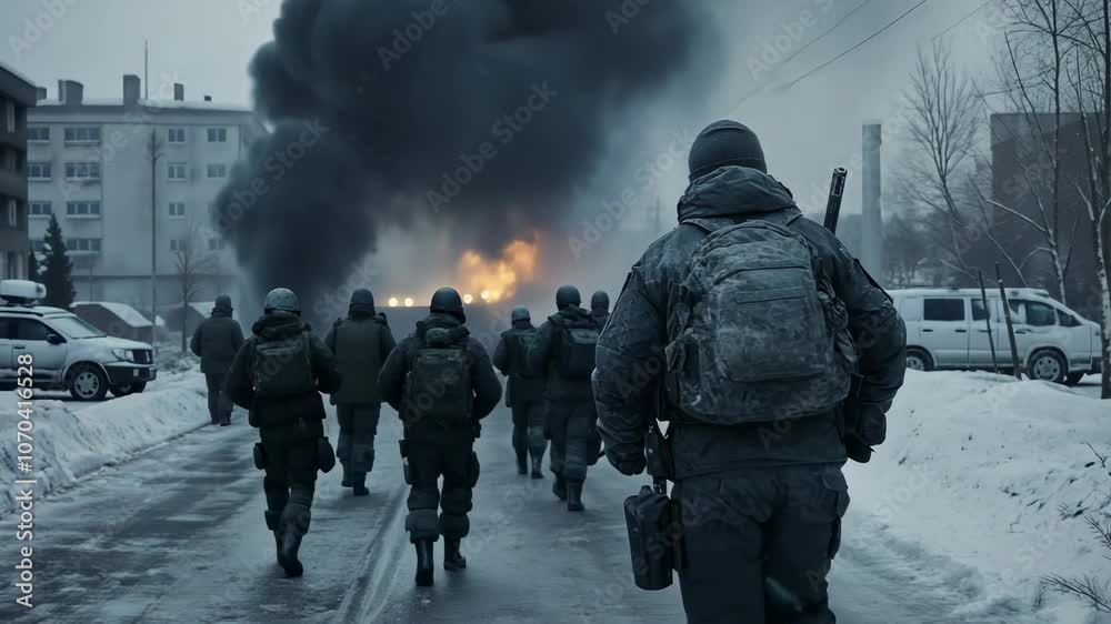 Soldiers walking towards an explosion in a snowy city, military, army, combat, fire, smoke
