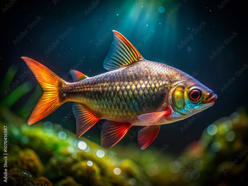 Captivating underwater portrait of a Sicklefin Barb, illuminated by the night's glow. Captivating underwater portrait of a Sicklefin Barb, illuminated by the night's glow.