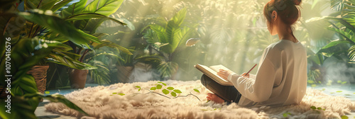 An individual sitting on a soft, fluffy rug, surrounded by nature, using a notebook to jot down ideas.