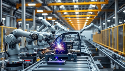 Industrial scene with robotic arms performing welding tasks.