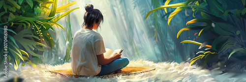 An individual sitting on a soft, fluffy rug, surrounded by nature, using a notebook to jot down ideas.