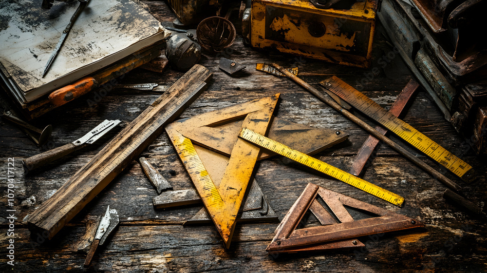 Old tools and rulers on a wooden table. Old tools and rulers on a wooden table.