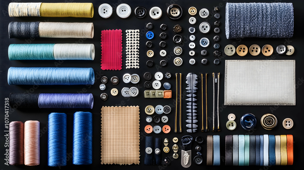 Sewing supplies including thread, buttons, needles, fabric swatches and zippers arranged on a black background. Sewing supplies including thread, buttons, needles, fabric swatches and zippers arranged on a black background.