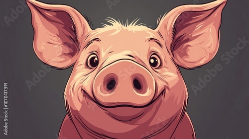 A cheerful cartoon pig with a big smile and fluffy ears against a simple background.