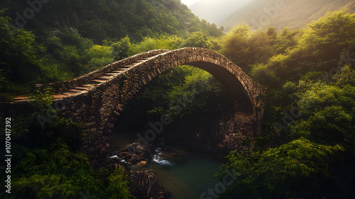 Stone arch bridge over a small river in a lush green forest.