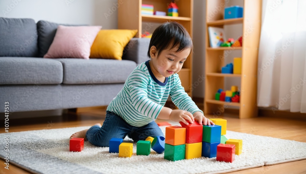 A Kid playing with colorful toy blocks at home A Kid playing with colorful toy blocks at home