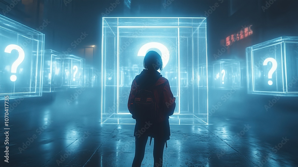 A woman surrounded by multiple transparent square boxes, containing a question mark, representing confusion and the search for answers A woman surrounded by multiple transparent square boxes, containing a question mark, representing confusion and the search for answers