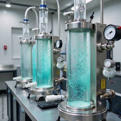 Biotechnological scene featuring microorganisms being cultured in laboratory fermenters for drug production within the pharmaceutical industry photo