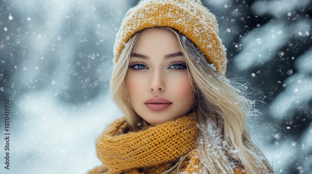 Beautiful woman in knitted hat and scarf in snowy forest. Beautiful woman in knitted hat and scarf in snowy forest.