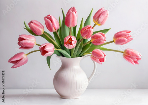 Wallpaper Mural Large bouquet of pink tulips in a vase. Pink tulips on a white background. A bouquet of flowers in a jug. Torontodigital.ca
