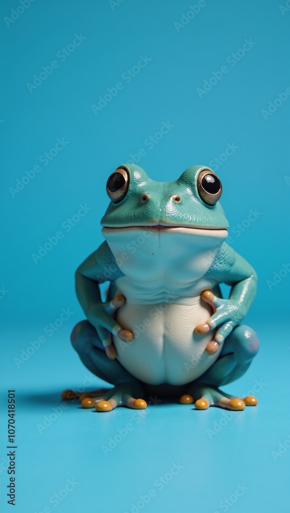 A playful cartoonish blue frog is depicted as if squatting on one leg A playful cartoonish blue frog is depicted as if squatting on one leg