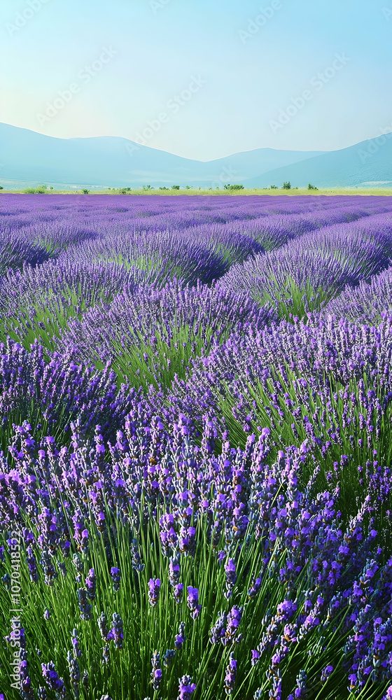 Naklejka premium A field of vibrant lavender flowers in bloom, stretching towards the distant mountains under a clear blue sky.
