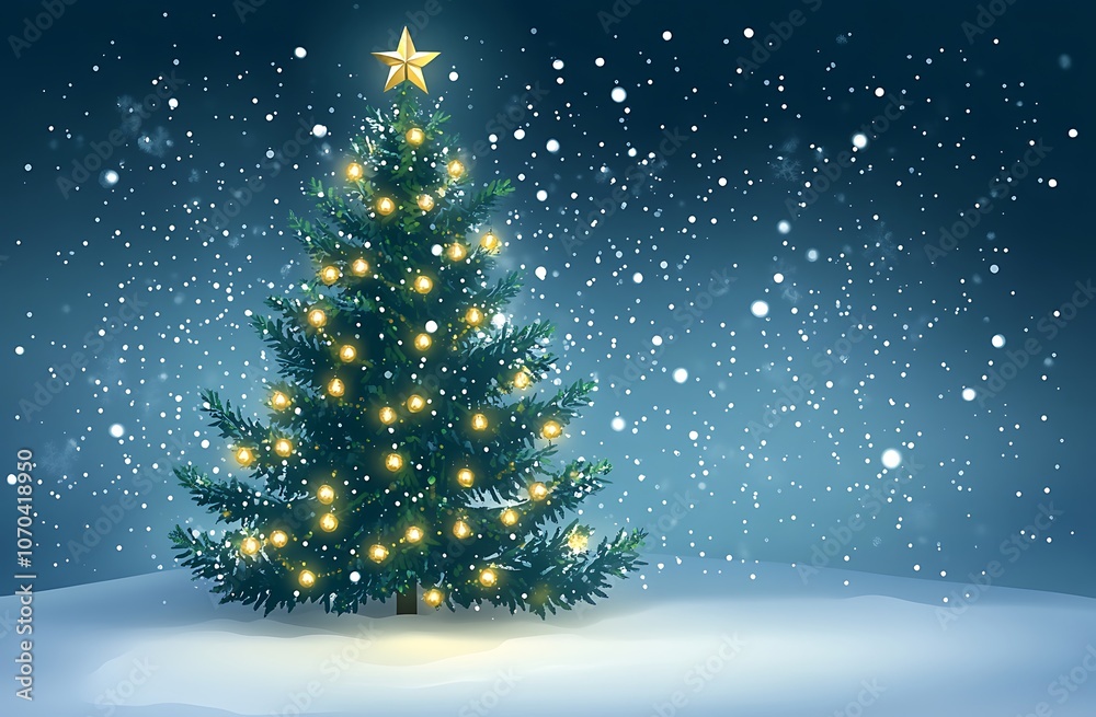 Christmas tree with lights on a blurred background, a Christmas card template.