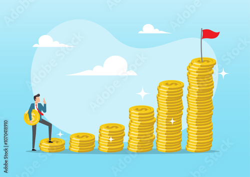 Businessman carrying money coin start step on compound money stack