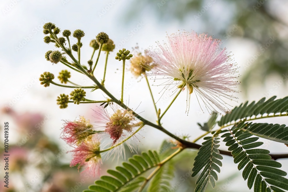 Fototapeta premium Delicate mimosa blossoms, bokeh-edged, on a white backdrop, sharp focus throughout.