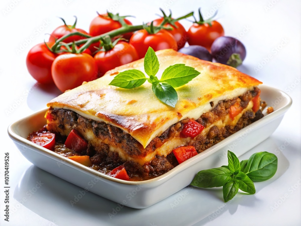 Delight in this classic moussaka, a traditional Mediterranean dish, beautifully presented on a pure white background, Delight in this classic moussaka, a traditional Mediterranean dish, beautifully presented on a pure white background,