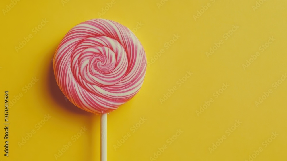 A colorful spiral lollipop on a bright yellow background, evoking sweetness and fun. A colorful spiral lollipop on a bright yellow background, evoking sweetness and fun.
