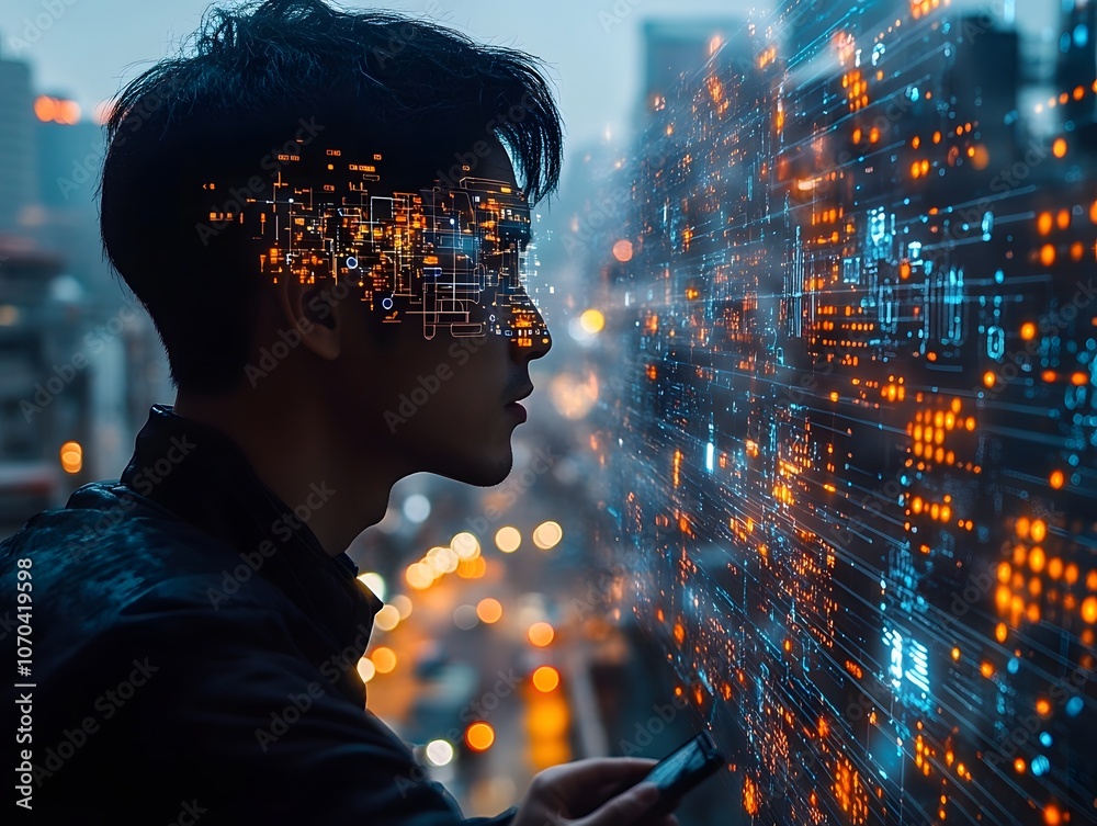 A profile of a person with a digital overlay, symbolizing technology and innovation. A profile of a person with a digital overlay, symbolizing technology and innovation.