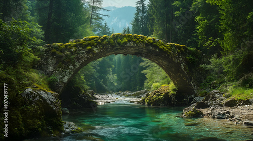 A moss-covered stone arch bridge spans a tranquil river flowing through a lush, green forest.