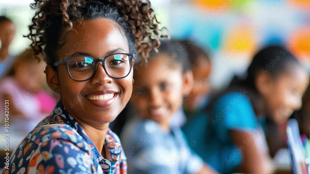This joyful teacher interacts with her students in a vibrant classroom setting. This joyful teacher interacts with her students in a vibrant classroom setting.
