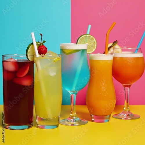 Colorful collage showcasing various cold summer drinks arranged on cool backdrop