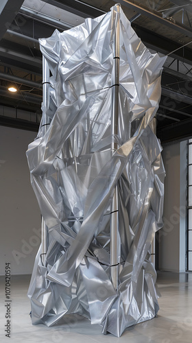 metallic textile wrap, silver fabric engulfs the steel structure photo