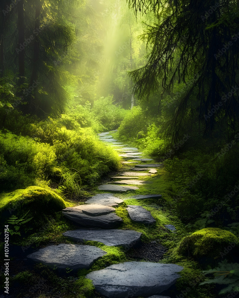 Obraz premium A stone path leads through a lush, green forest with sunlight filtering through the trees.