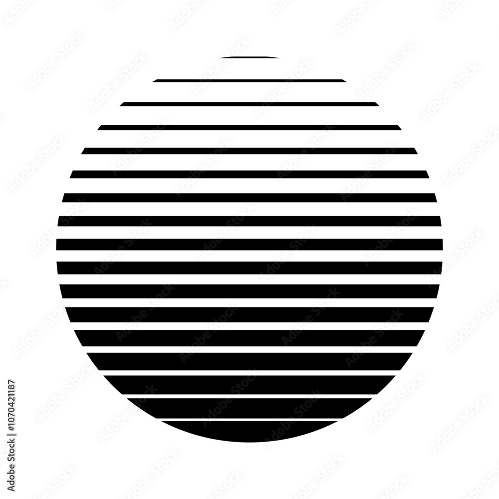 Sun made of striped halftone gradient lines texture. Fading horizontal stripes gradation background from thin to thick. Black circle halftone parallel pattern isolated on white vector illustration.
