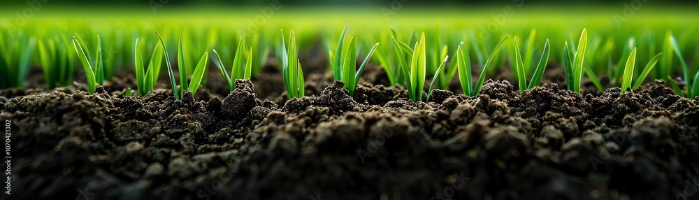The contrast between fresh green rice shoots and their earthy brown soil, in a rich, natural setting. The contrast between fresh green rice shoots and their earthy brown soil, in a rich, natural setting.