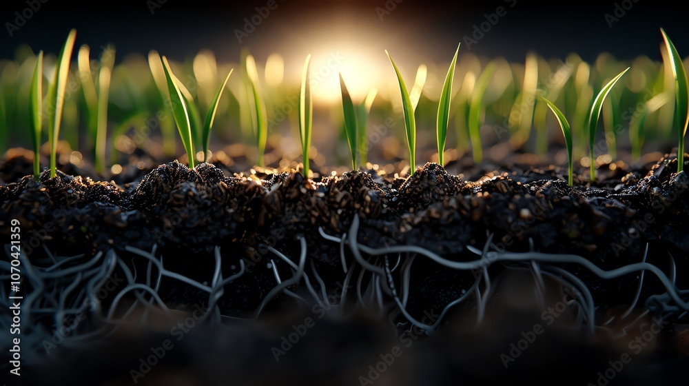 Fototapeta premium The intricate details of rice plant roots growing beneath the surface, with shadows and light playing on the soil.