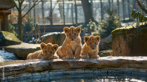 Majestic lion with two playful cubs amidst the savanna s golden grasslands together photo