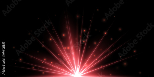 Red light flash effect with shine glow rays on black horizontal background. Flare of light with beams in dark space. Bright spark shining vector illustration.