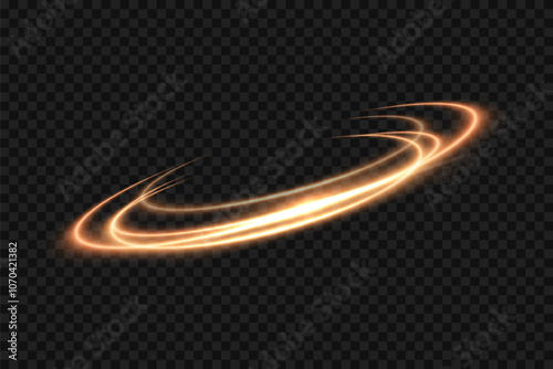 Golden light neon glow swirl background. Gold light glowing circle line of neon effect. Shiny spiral spin ring with flare and flash. Vector illustration of glitter sparkle swirl trail effect on black.